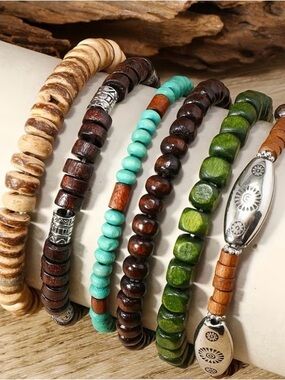 Handmade Mixed-Bead Stackable Bracelet Set - Turquoise, Green, Brown